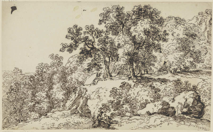Felsige Landschaft mit Bäumen und Staffagefiguren van Franz Innocenz Josef Kobell
