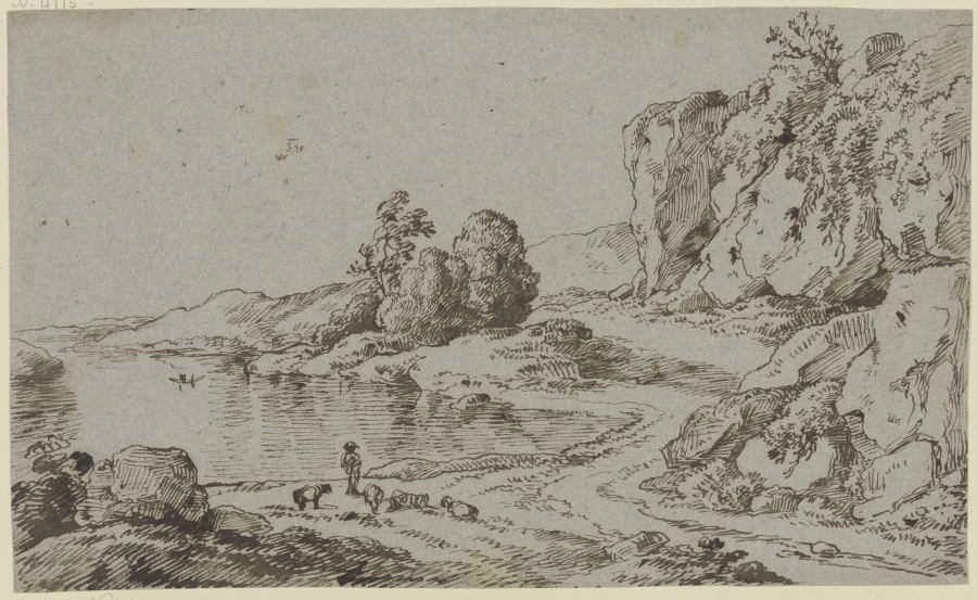 Felsiges Ufer mit Hirte und Herde van Franz Innocenz Josef Kobell