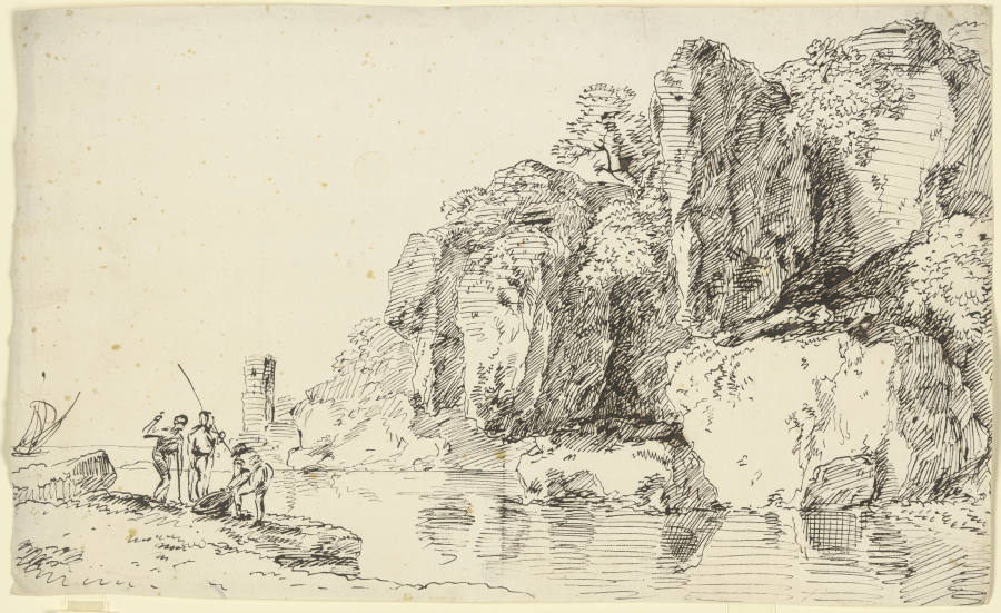 Felsküste mit Leuchtturm, im Vordergrund drei Fischer van Franz Innocenz Josef Kobell