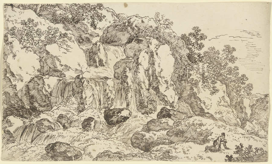 Felslandschaft mit Wasserfall, rechts eine auf allen Vieren kriechende Gestalt van Franz Innocenz Josef Kobell
