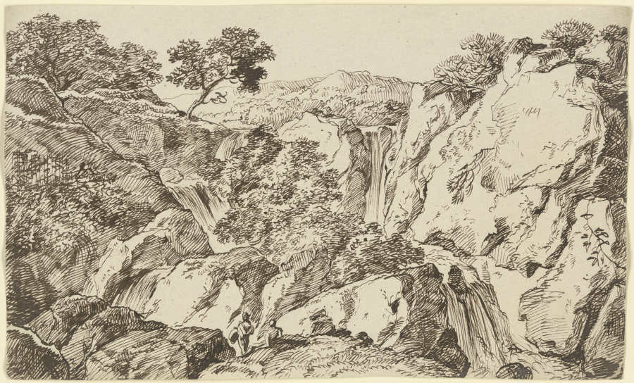 Felsschlucht mit zusammenlaufenden Wasserfällen van Franz Innocenz Josef Kobell
