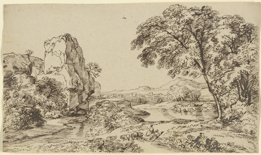 Felsturm an einem Gewässer, im Vordergrund weidendes Vieh van Franz Innocenz Josef Kobell
