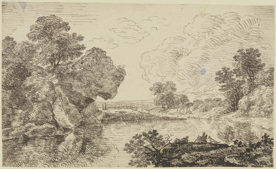 Flußlandschaft mit großem Felsen und Staffagefiguren van Franz Innocenz Josef Kobell