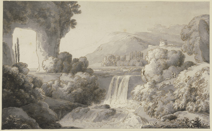 Flußlandschaft mit Wasserfall, links ein Felsentor van Franz Innocenz Josef Kobell