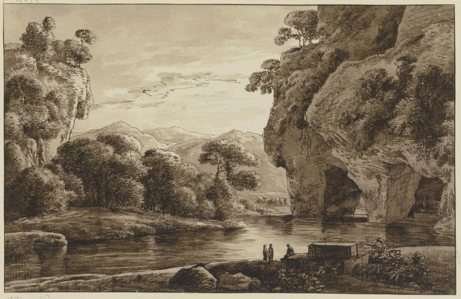 Flußlandschaft, rechts Felsgrotten van Franz Innocenz Josef Kobell