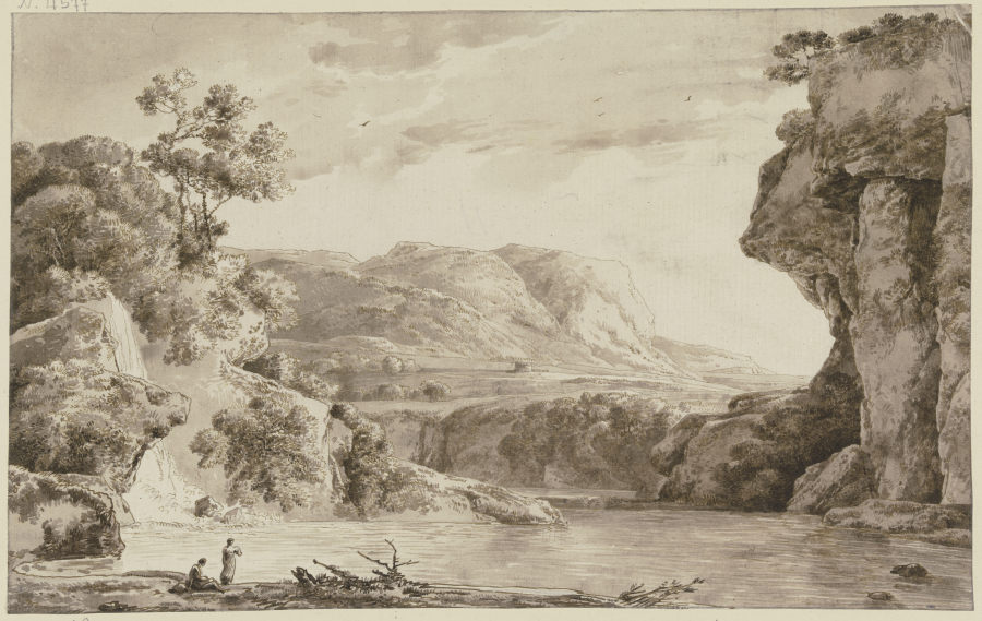 Flußtal, rechts steiler Felsen van Franz Innocenz Josef Kobell