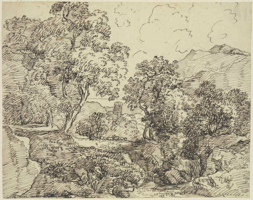 Gebirgslandschaft mit hohen Bäumen und Staffagefiguren van Franz Innocenz Josef Kobell