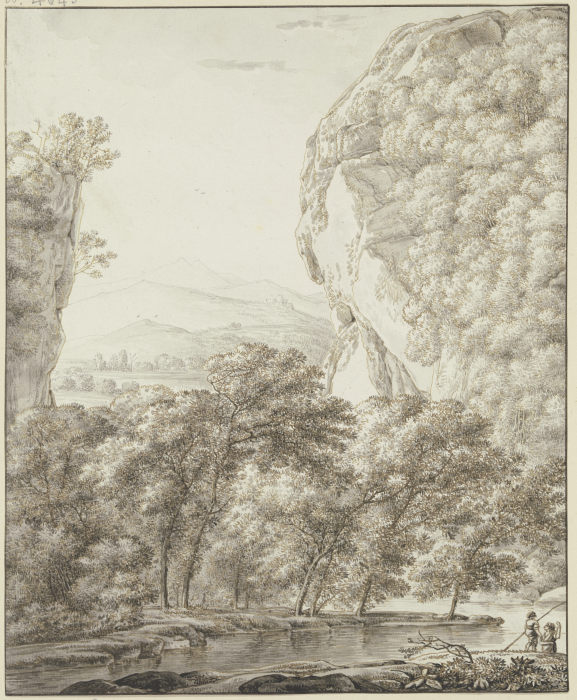 Gebirgslandschaft, rechts ein großer Felsen van Franz Innocenz Josef Kobell