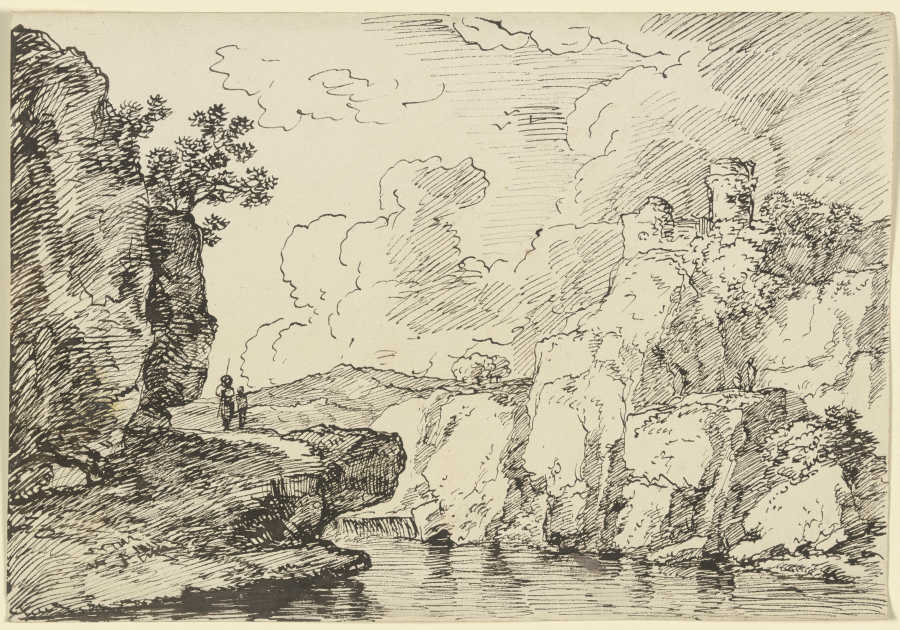 Gewässer, links auf dem Felsvorsprung zwei Wanderer, rechts auf dem Felssporn eine Burgruine van Franz Innocenz Josef Kobell