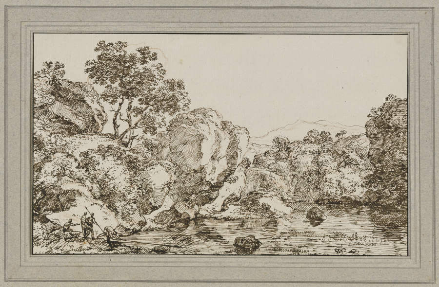 Gewässer, links vier Fischer van Franz Innocenz Josef Kobell