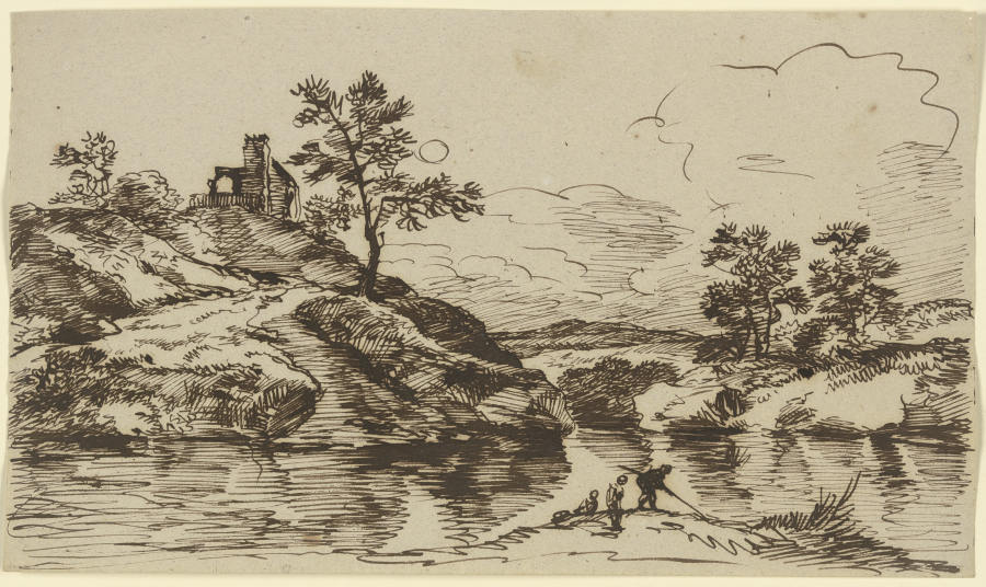 Gewässer mit Anglern und einem am gegenüberliegenden Ufer erhöht gelegenen Gebäude van Franz Innocenz Josef Kobell