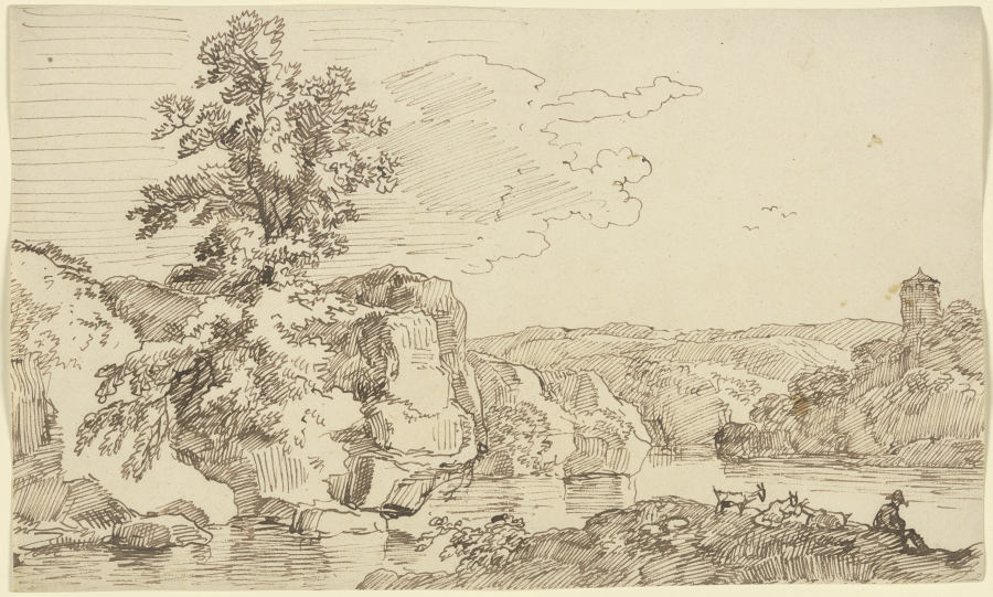 Gewässer mit Felsufer, im Vordergrund ein Hirte mit Ziegen van Franz Innocenz Josef Kobell