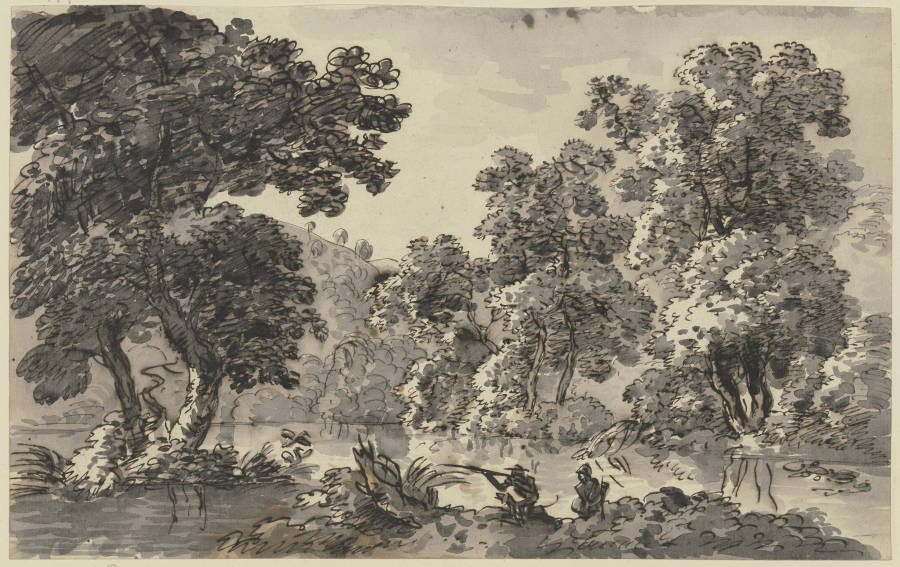 Gewässer unter Bäumen, am Ufer zwei Jäger van Franz Innocenz Josef Kobell