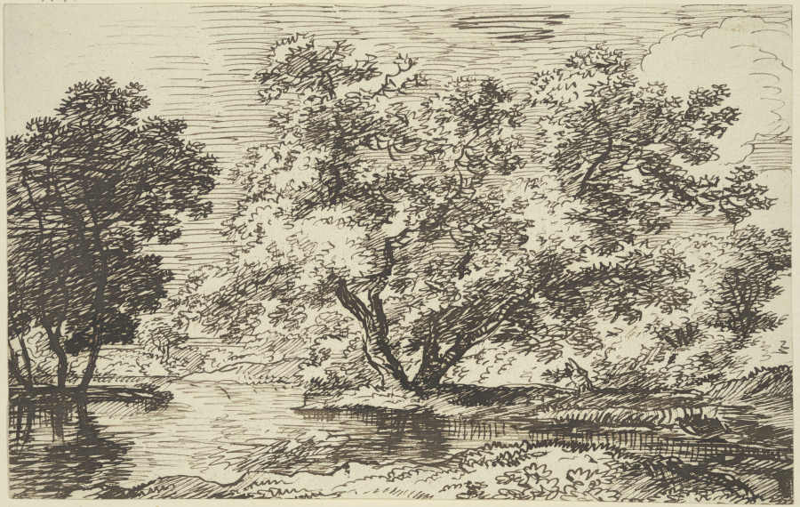 Große Baumgruppe an einem Gewässer van Franz Innocenz Josef Kobell
