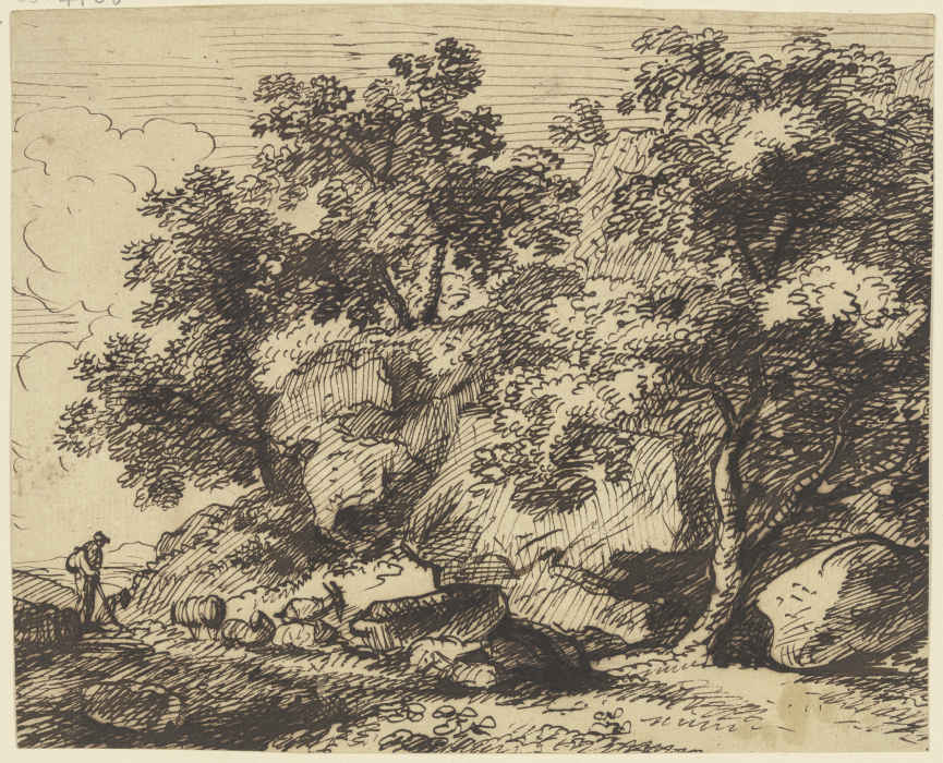 Hirt und Herde in felsiger Landschaft mit Bäumen van Franz Innocenz Josef Kobell