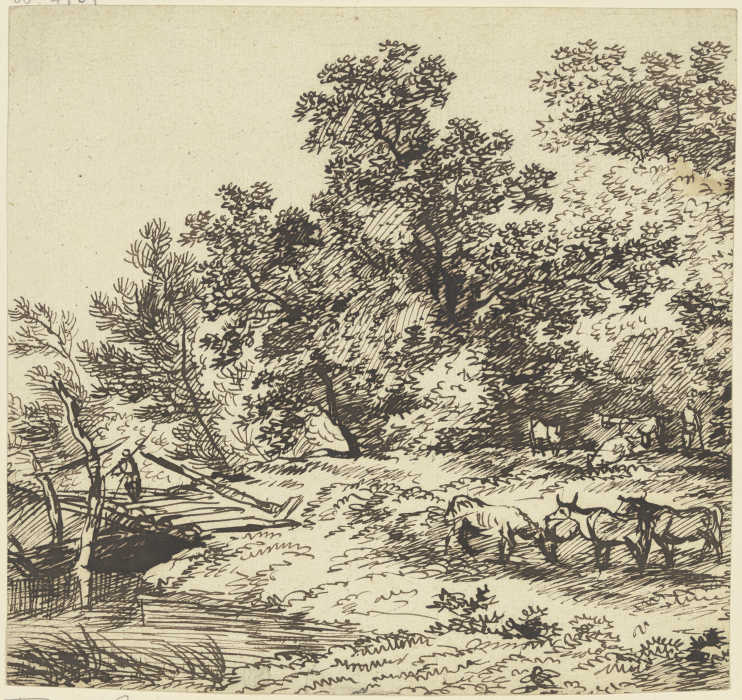 Hirt und Herde unter Bäumen, links eine Brücke van Franz Innocenz Josef Kobell