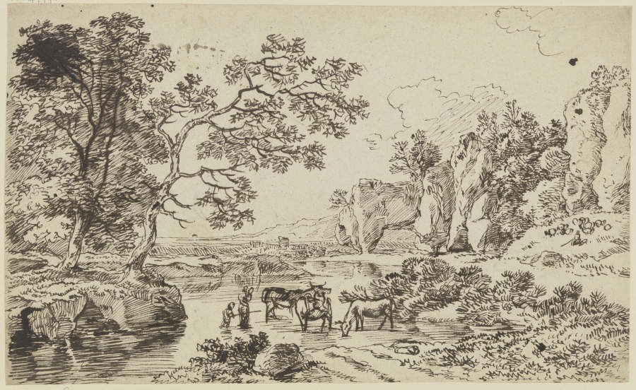 Hirten mit Vieh an einem Fluß van Franz Innocenz Josef Kobell
