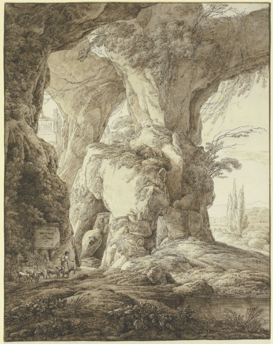 Hohe Felsenhöhle mit antiken Denkmälern und einem Ziegenhirten van Franz Innocenz Josef Kobell