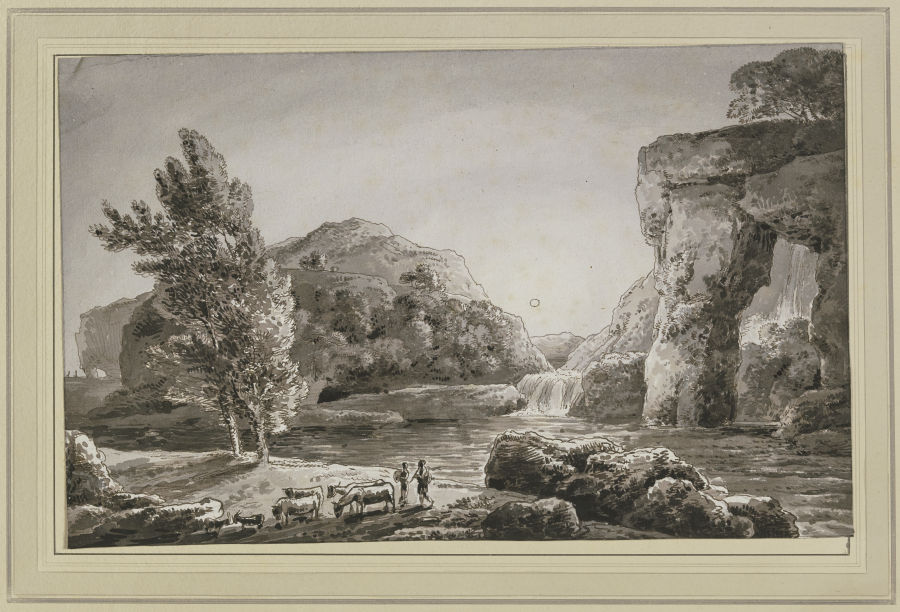 Ideallandschaft mit Wasserfall und einer Viehherde mit zwei Hirten van Franz Innocenz Josef Kobell