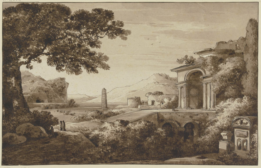 Landschaft mit antiken Bauten und einem Obelisken van Franz Innocenz Josef Kobell