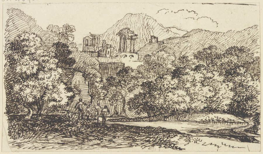 Landschaft mit antiken Ruinen und Staffagefiguren van Franz Innocenz Josef Kobell