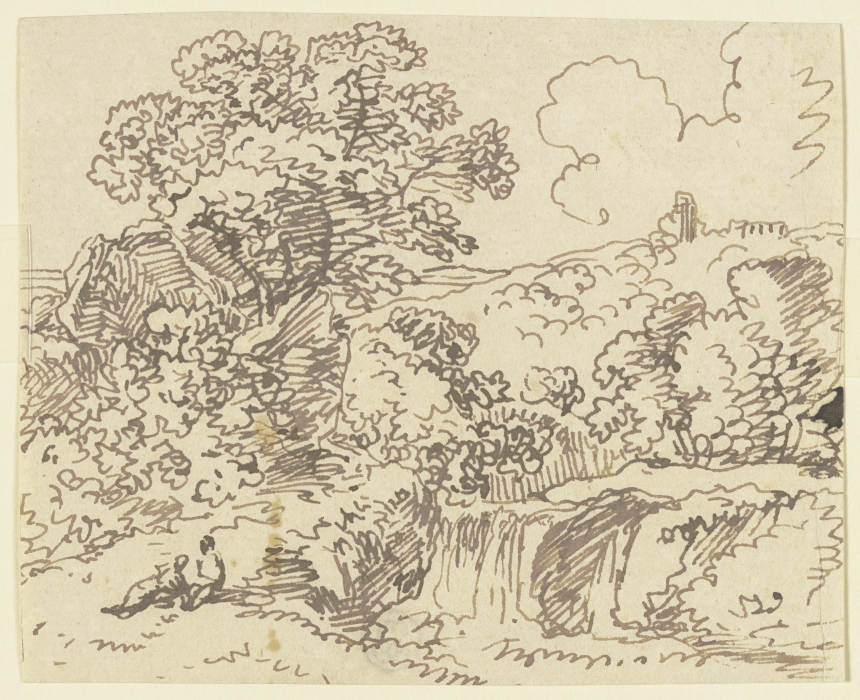 Landschaft mit einem kleinen Wasserfall und zwei Rastenden van Franz Innocenz Josef Kobell