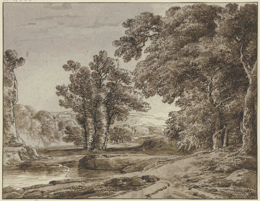 Landschaft mit Fluß und hohen Bäumen van Franz Innocenz Josef Kobell
