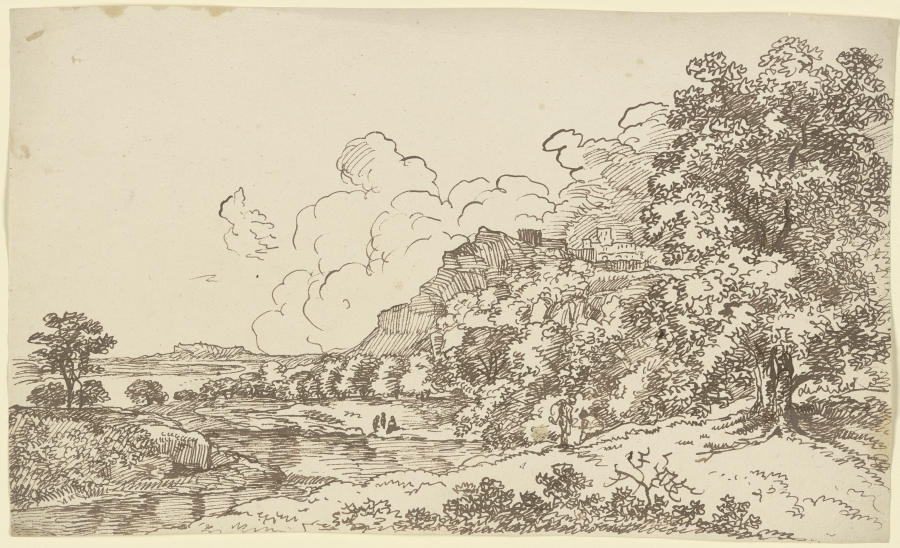 Landschaft mit Gewässer, rechts auf einem Berg eine Festungsanlage van Franz Innocenz Josef Kobell