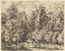 Landschaft mit hohen Bäumen und antikischer Staffage
