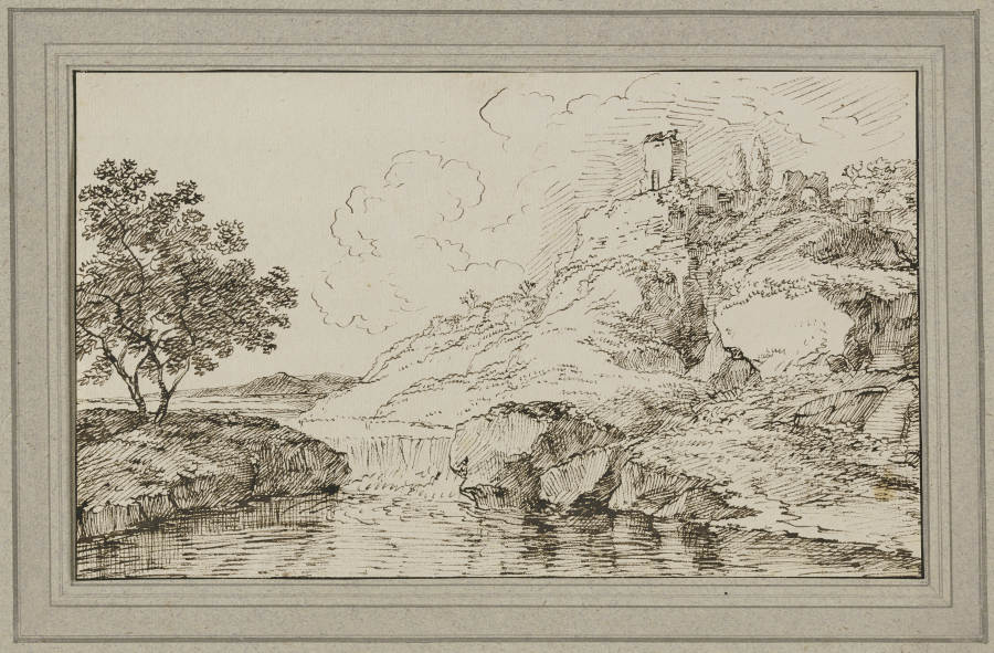 Landschaft mit Wasserfall, rechts auf dem Berg eine Ruine van Franz Innocenz Josef Kobell