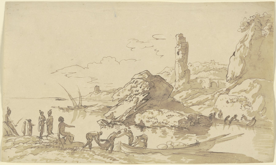 Meeresufer, im Vordergrund Männer, die ein Boot beladen, im Mittelgrund die Ruine eines Turms, im Hi van Franz Innocenz Josef Kobell