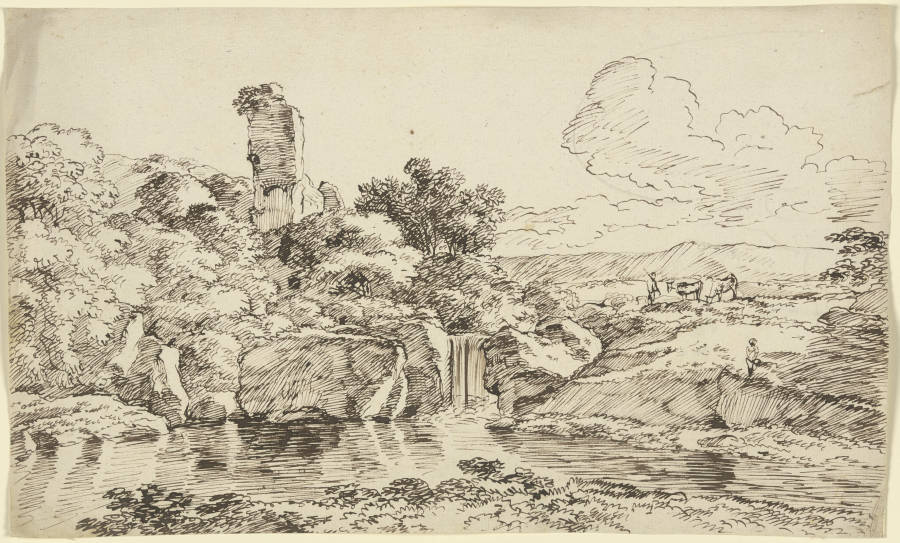 Ruine und weidendes Vieh an einem Gewässer van Franz Innocenz Josef Kobell