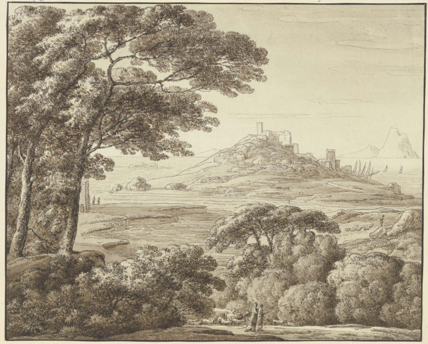 Südliche Landschaft mit Burg, Hafen und Staffagefiguren van Franz Innocenz Josef Kobell