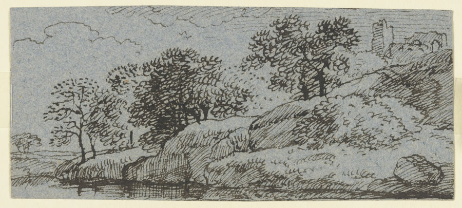Uferböschung mit Bäumen, im Hintergrund eine Burgruine van Franz Innocenz Josef Kobell