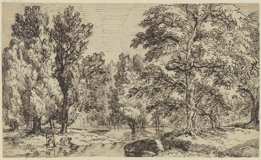 Wald mit Gewässer und Staffagefiguren van Franz Innocenz Josef Kobell