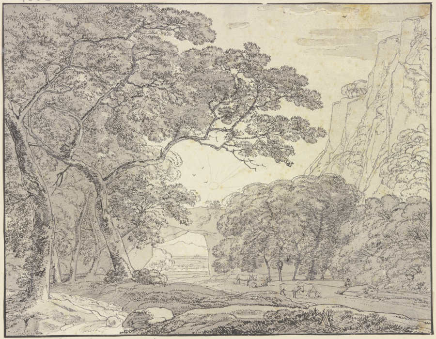 Waldige Landschaft, im Mittelgrund ein Felsenbogen van Franz Innocenz Josef Kobell