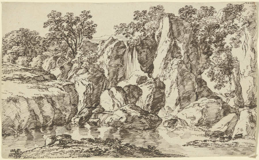 Wasserfall an einem Felshang van Franz Innocenz Josef Kobell