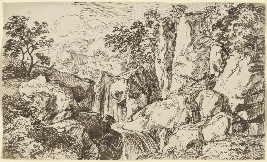 Wasserfall entlang einer Felswand im Gebirge van Franz Innocenz Josef Kobell