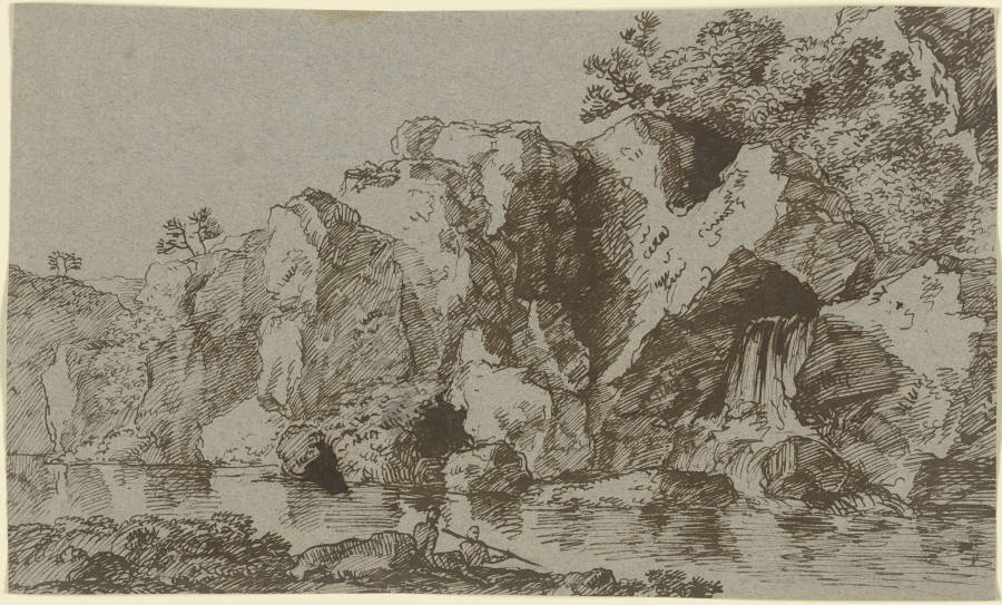 Zerklüftete Felsen an einem Gewässer van Franz Innocenz Josef Kobell