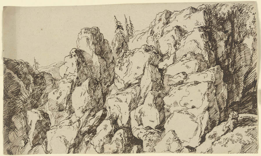 Zerklüftete Felswand, vorne rechts eine am Hang sitzende Gewandfigur van Franz Innocenz Josef Kobell