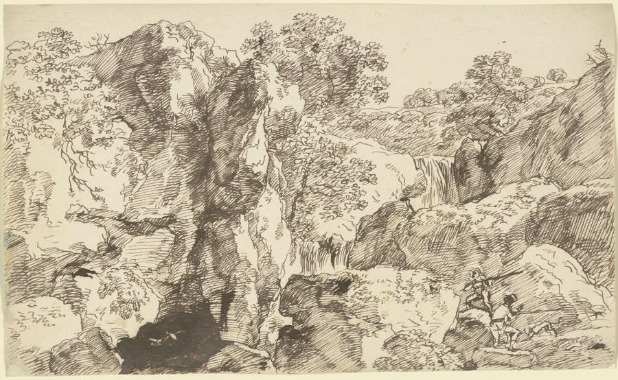 Zwei Jäger mit Hund in einer Felswand stehend van Franz Innocenz Josef Kobell