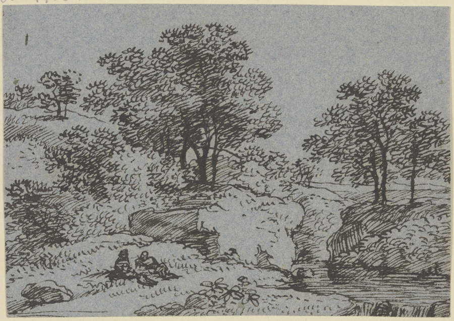 Zwei lagernde Figuren in hügeliger Landschaft van Franz Innocenz Josef Kobell