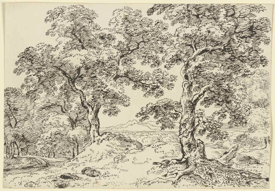 Zwei Laubbäume in der Landschaft stehend van Franz Innocenz Josef Kobell