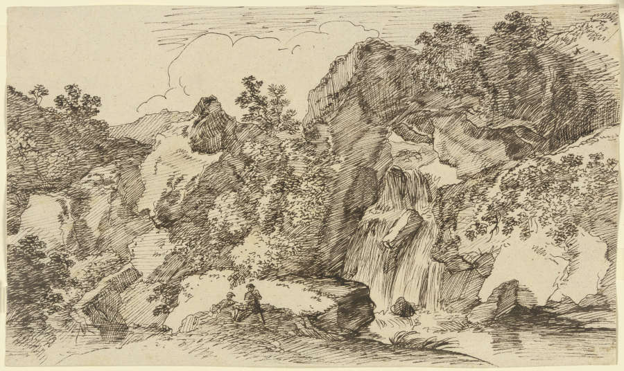 Zwei Wanderer am Wasserfall im Gebirge ruhend van Franz Innocenz Josef Kobell