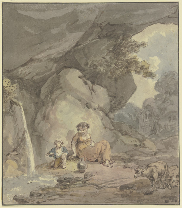 Junge Frau mit ihrem Kind an einer Felsenquelle rastend, rechts zwei Schafe van Franz Joseph Manskirsch