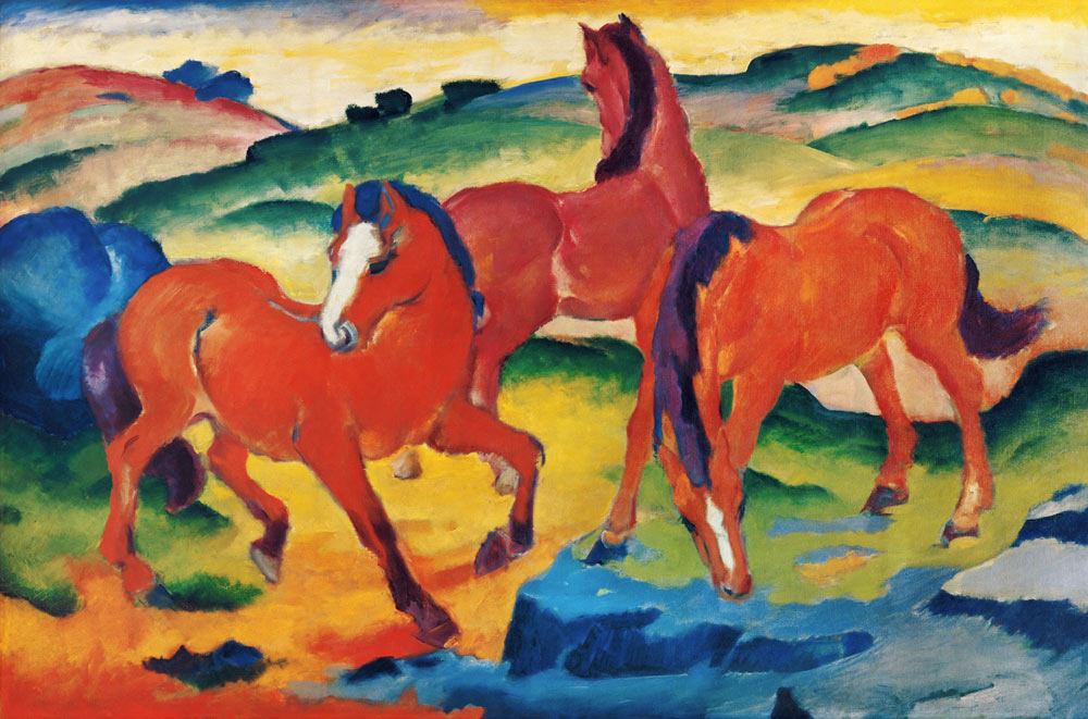 Rote Pferde van Franz Marc