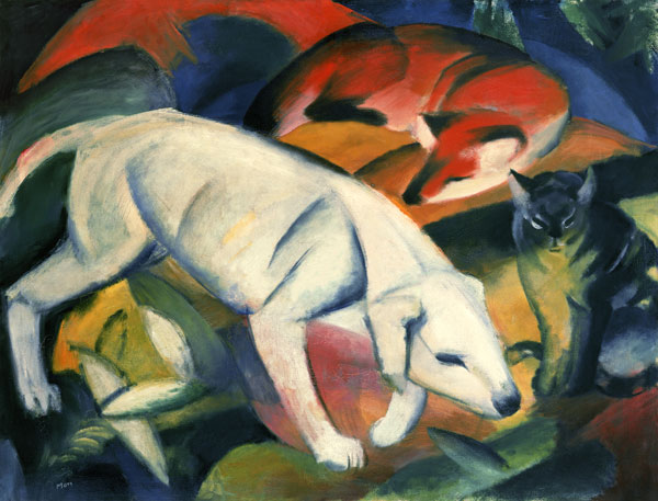 Drei Tiere (Hund,Fuchs,Katze) van Franz Marc