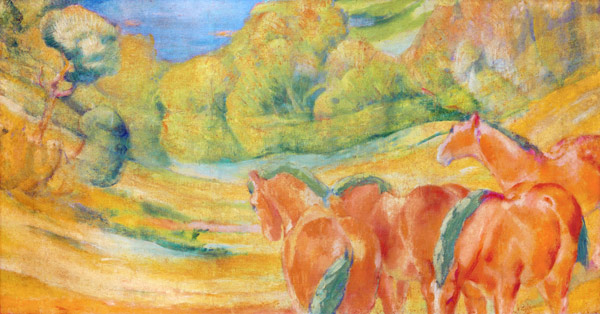 Große Landschaft I (Landschaft mit roten Pferden) van Franz Marc