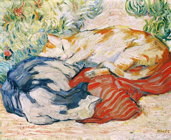 Katten op rood doek van Franz Marc