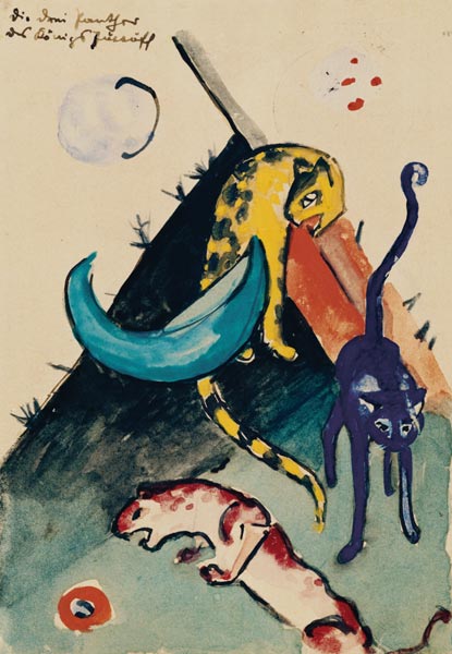 Die drei Panther des Königs Jussuff (Postkarte an Else Lasker-Schüler) van Franz Marc